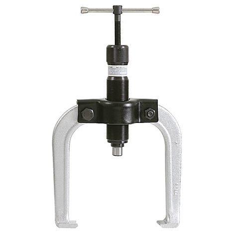 Ein Werkzeug zum Abziehen, mit zwei gebogenen Armen, einem schwarzen Gehäuse und einem Schraubgriff. 